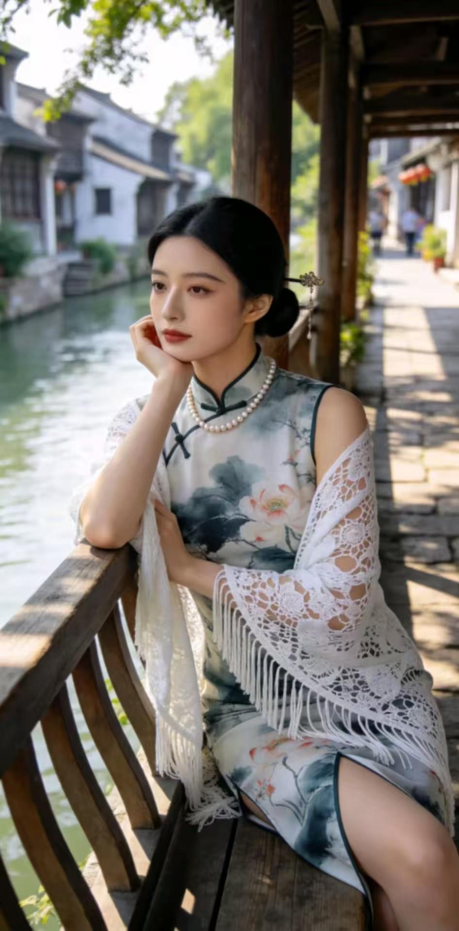 塞鸿秋·水乡荷影
晴廊映水柔波皱，
凭栏漫惹相思瘦。
青丝绾月簪痕秀，
素颈凝玉