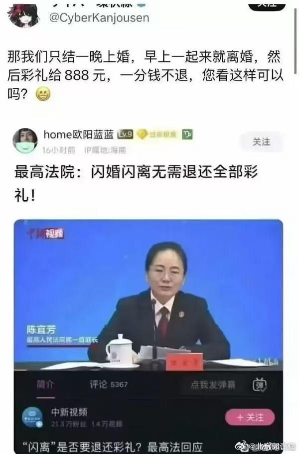 法院民庭女庭长对闪婚不退彩礼的说法一出，立即引发网友神怼：结婚过一晚，次日离婚，