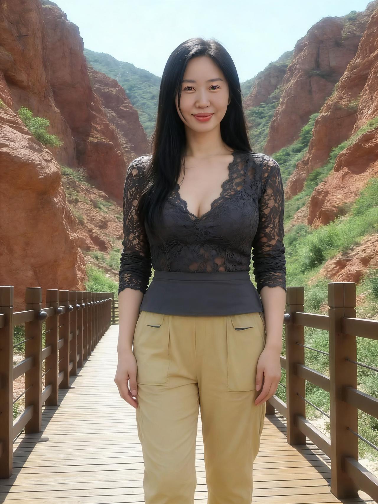 木质的栈道是文明的触角
伸进了红砂岩的蛮荒
她的蕾丝上衣，是城市的符号
在峡谷的