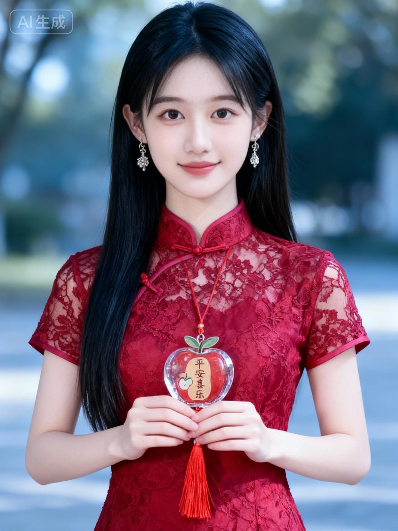 穿上紅色的旗袍，手持平安喜乐的福袋，迎接新年的到来！🎉💐🍎