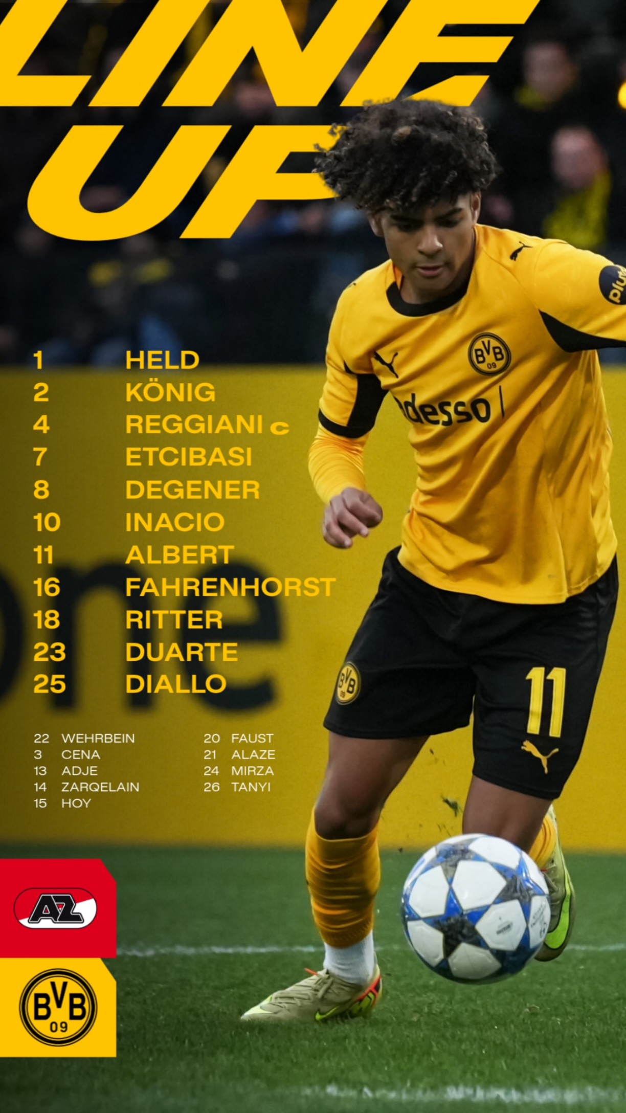 多特蒙德黄黑普鲁士 欧青联对阵阿尔克马尔首发出炉！首发：1号黑尔德（GK），2号