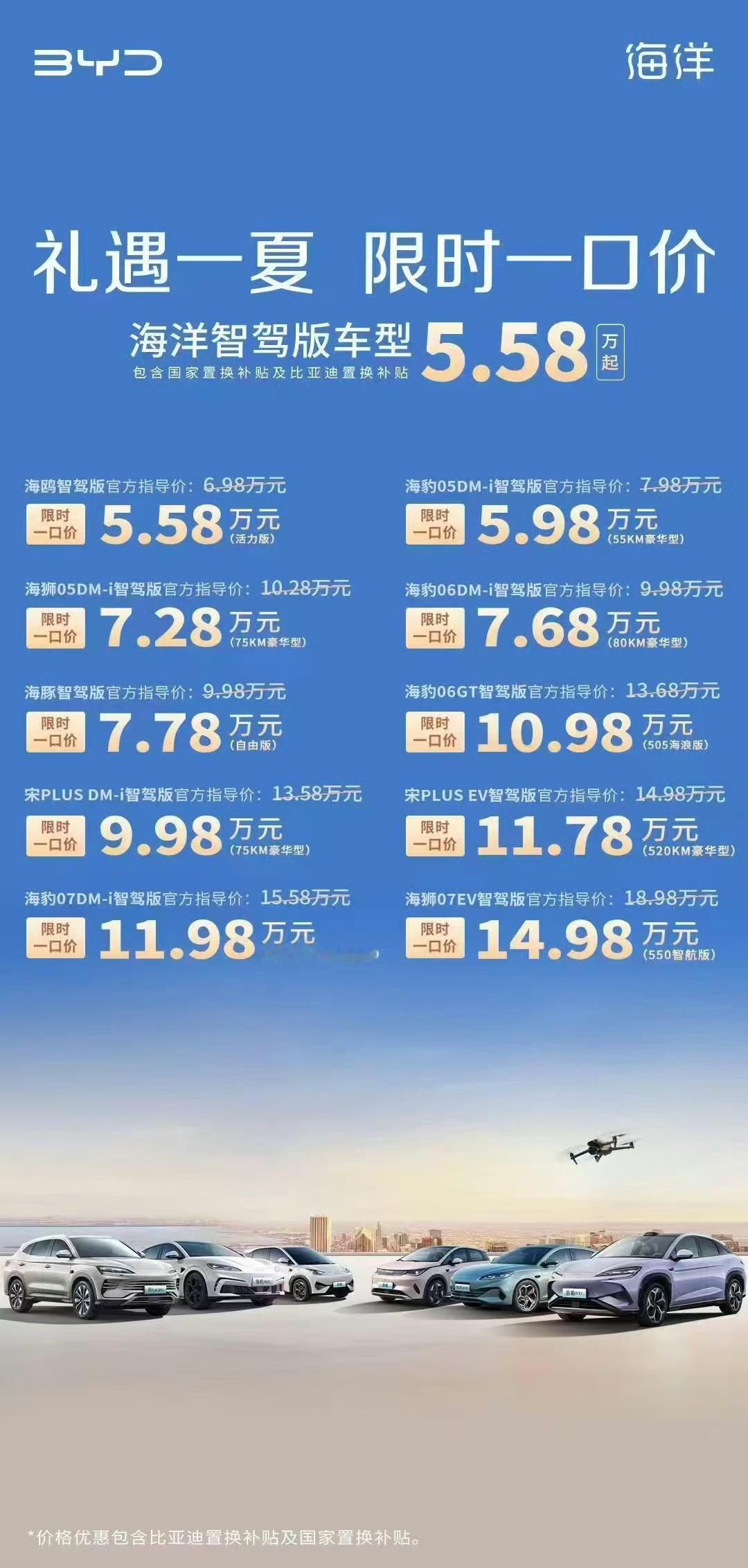 比亚迪海洋智驾版车型这个限时一口价好猛，几乎包括全部阵容，海狮07EV都干到14
