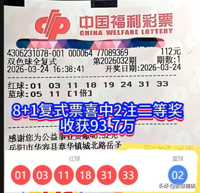 一号之差错失一等奖，双色球第26032期开奖，来自湖南岳阳的幸运彩民以一张8+2
