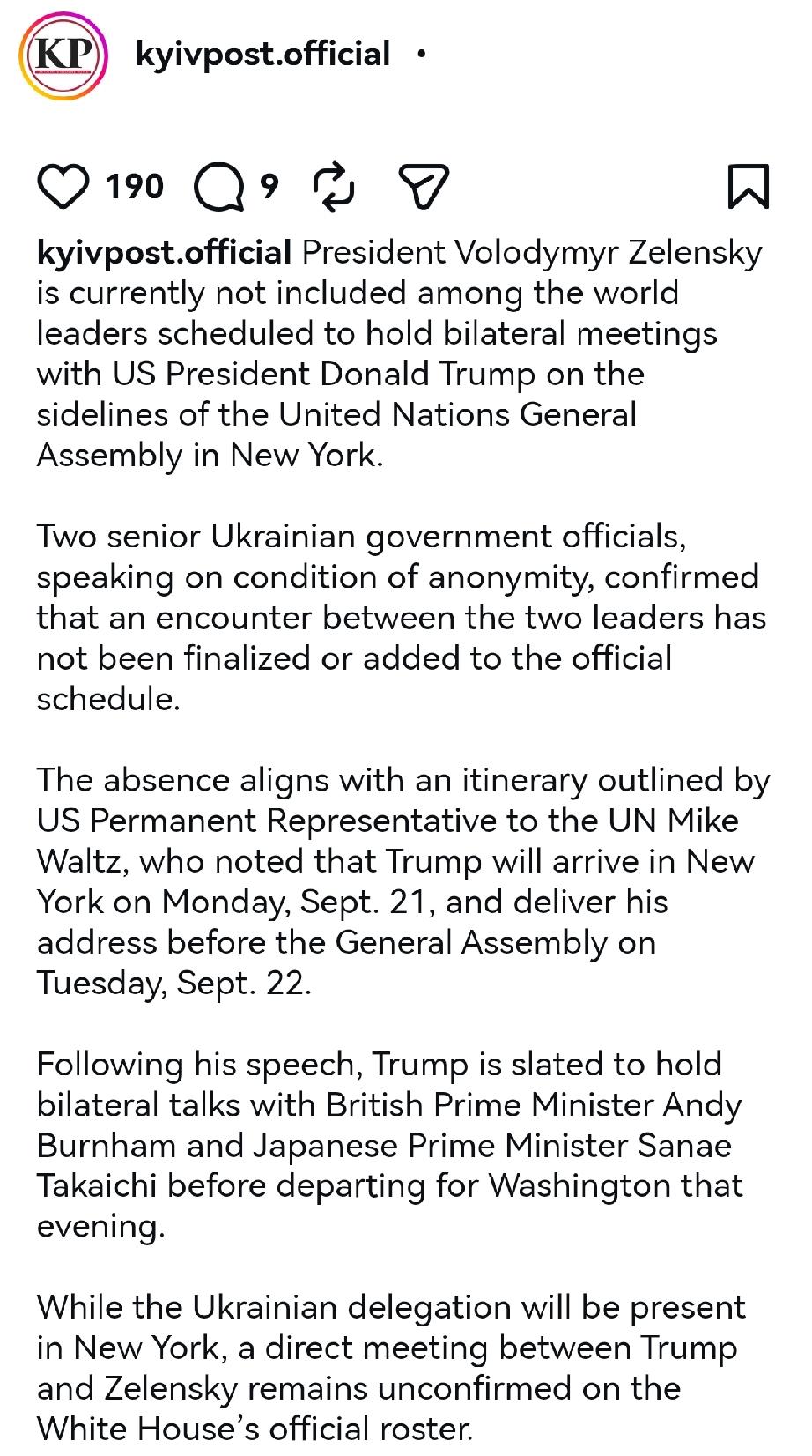 乌克兰媒体基辅邮报说，弗拉基米尔·泽连斯基总统目前未被列入计划在纽约联合国大会期