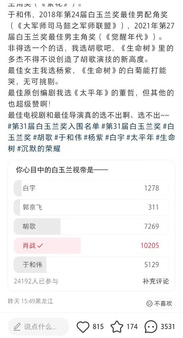 肖战在下沉2.4w+票池里面断层领先白玉兰视帝