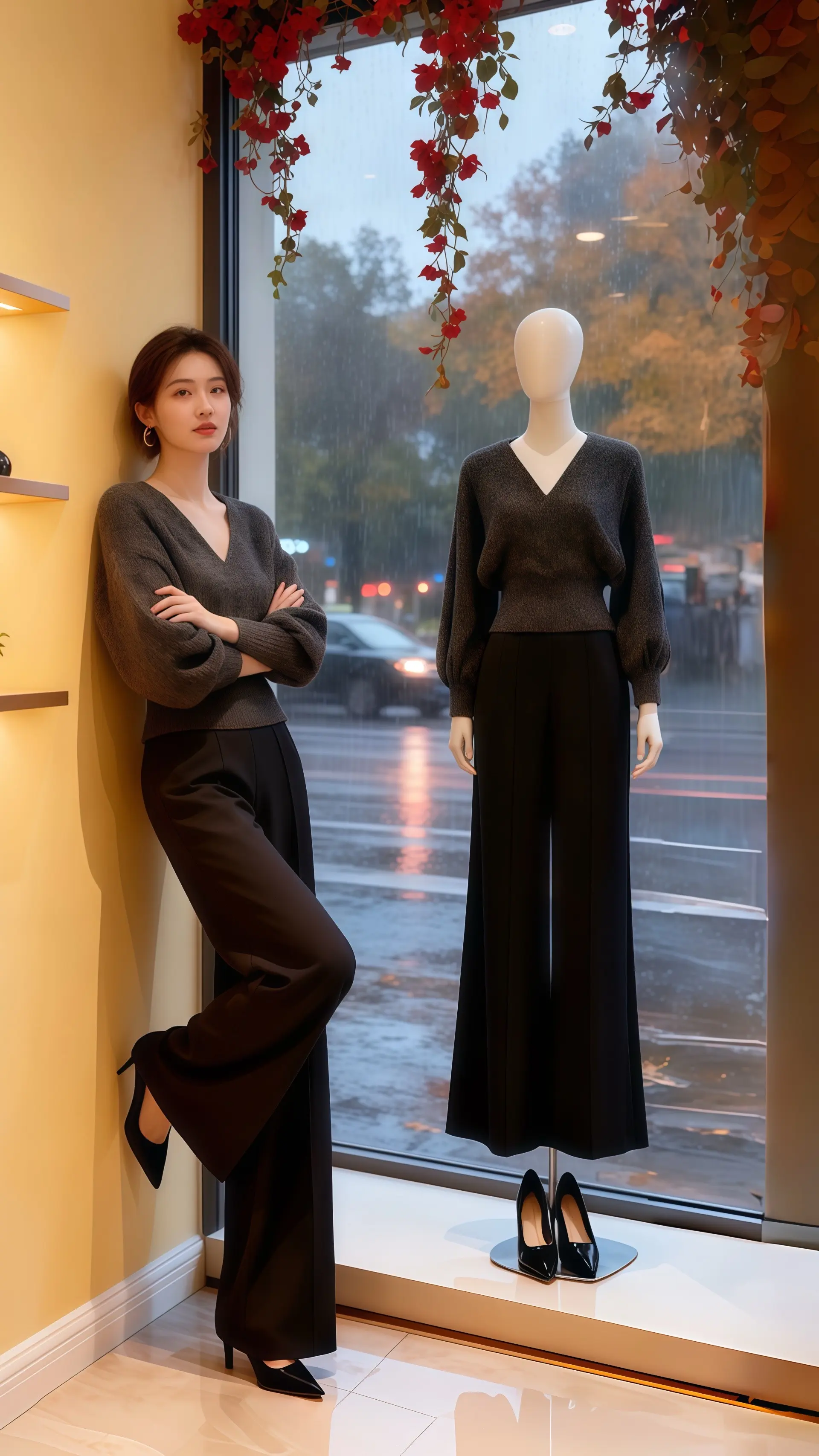 她穿着高级感气质两件套，深灰色针织上衣与黑色阔腿裤的组合，简约中透着精...