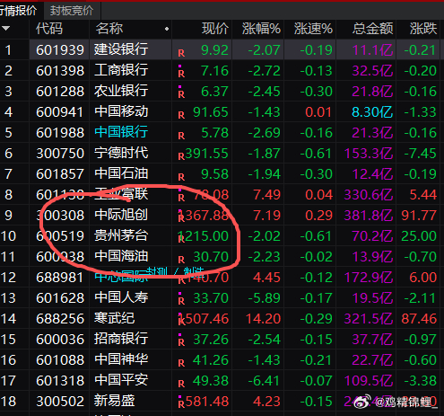 竞价最后一秒中际旭创超越茅台！老登：悬着的心死了，早知道最后几分钟不去冲白酒了。