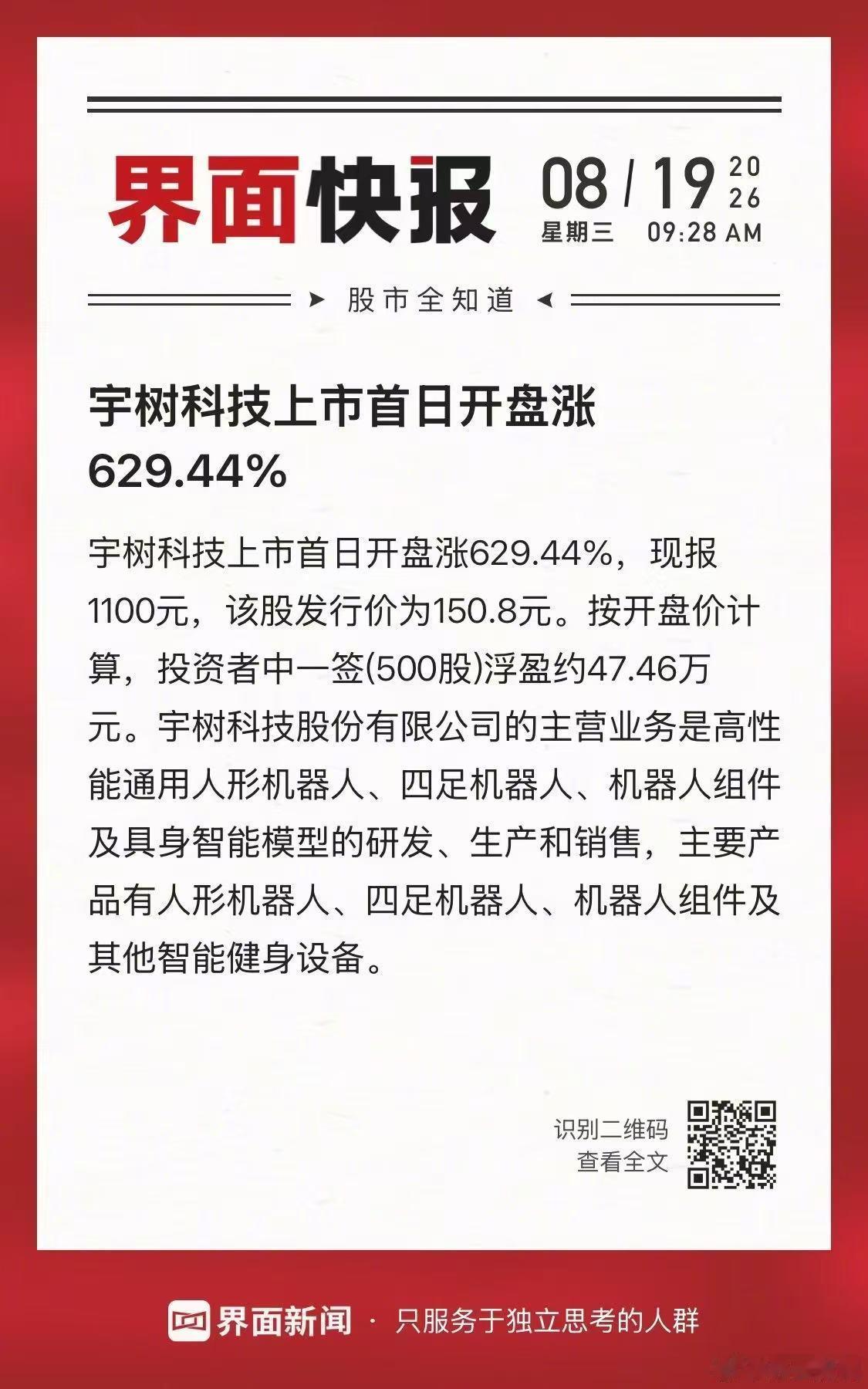 宇树科技8月19日登陆科创板，发行价150.8元/股，开盘报1100元，涨幅62