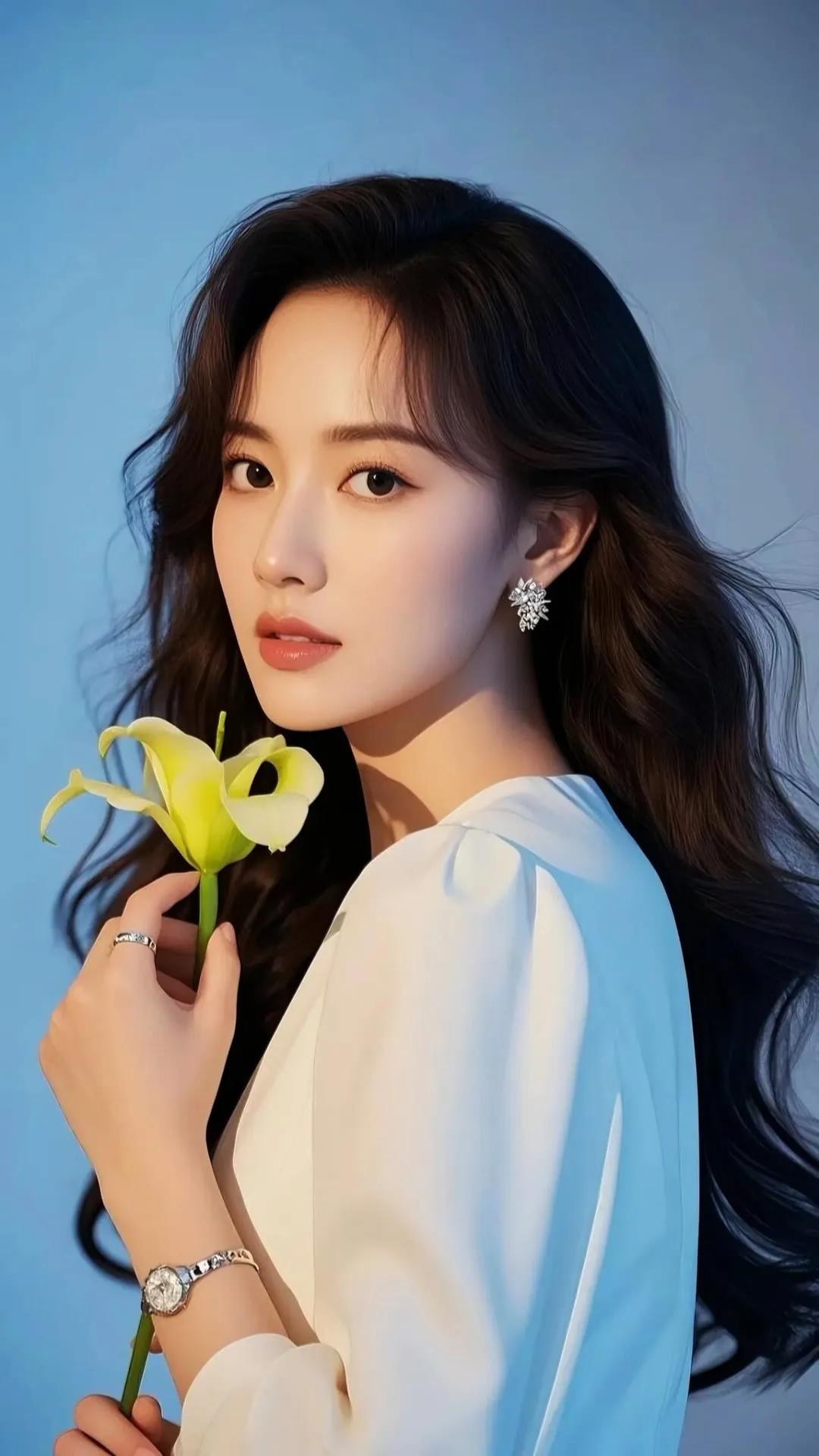 优雅白衣少女，手持清新百合，散发自然魅力