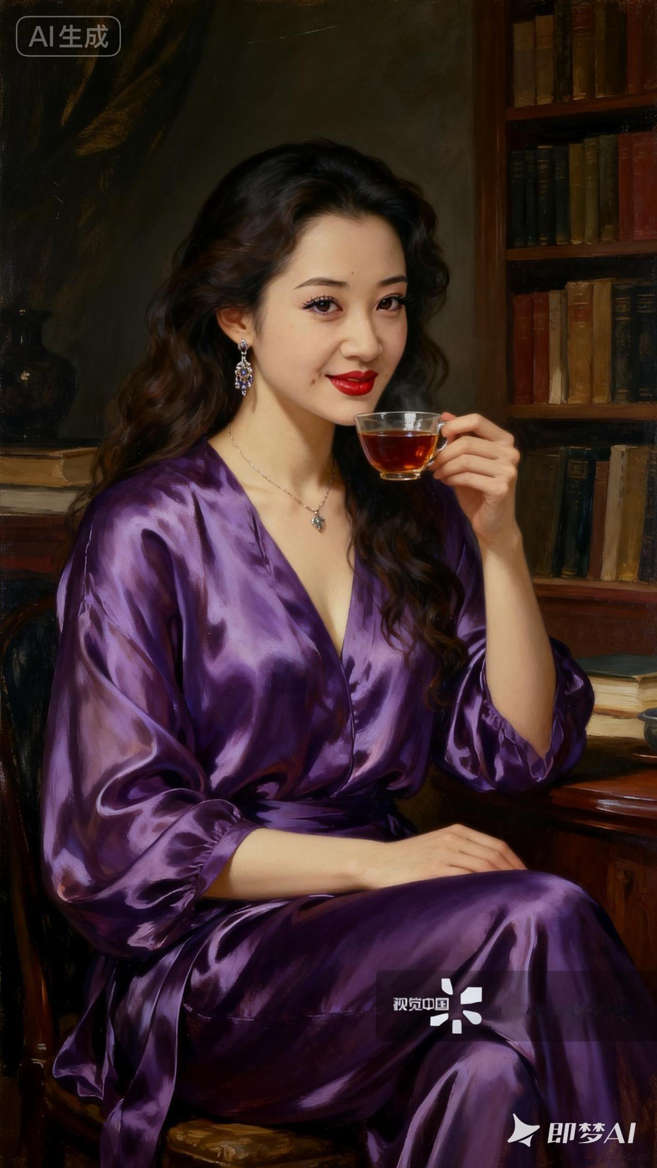优雅紫衣女子，静享茶香时光🍵✨