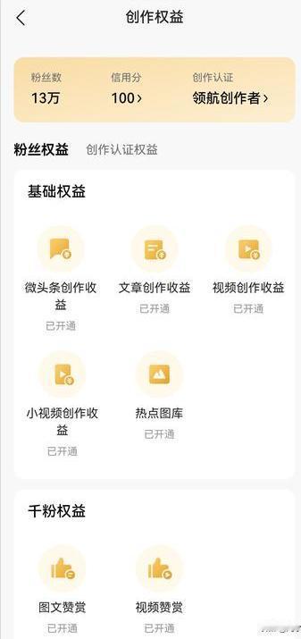 我在头条上，所有的粉丝权益和所有的创作权益都开通了，不知道有没有什么用，反正是都