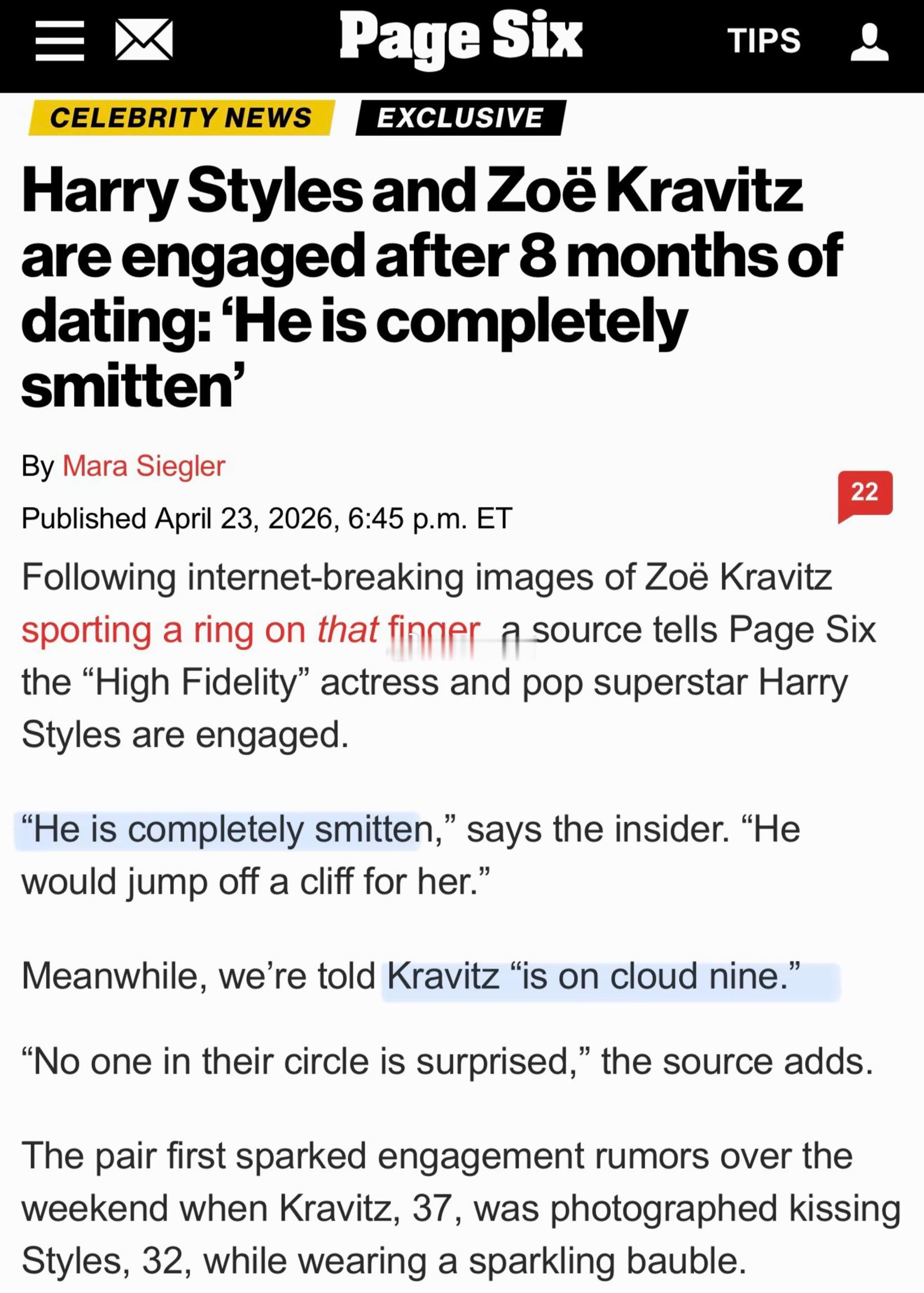 《第六页》报道说，约会8个多月的Zoë Kravitz和Harry Styles