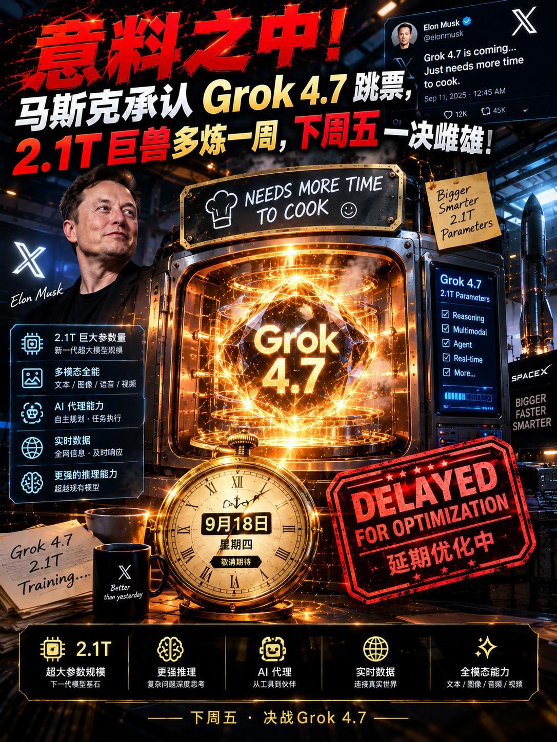 意料之中！马斯克官宣 Grok 4.7 延期老马这次亲口承认：Grok 4.7 
