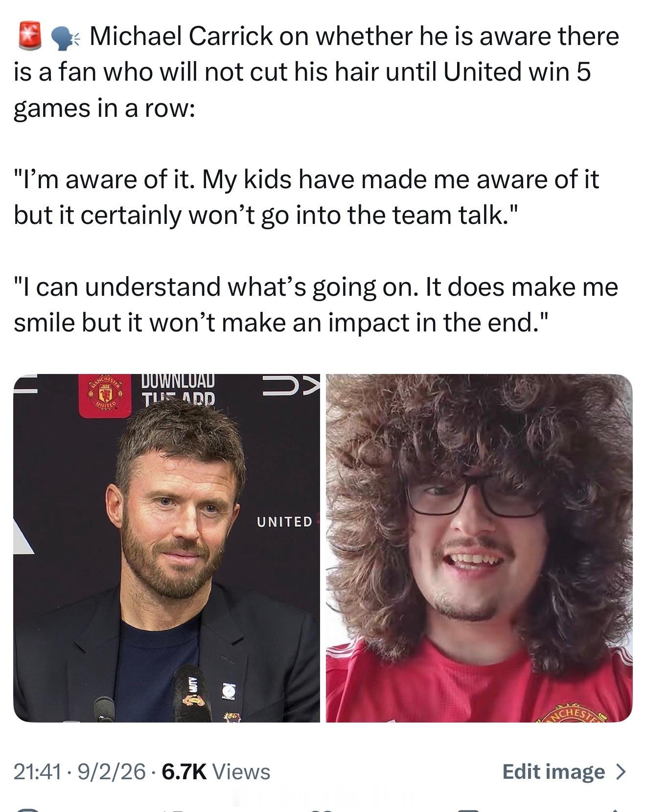 记者问卡里克有没有注意到那位等待曼联五连胜才理发的球迷卡里克：注意到了，家里孩子