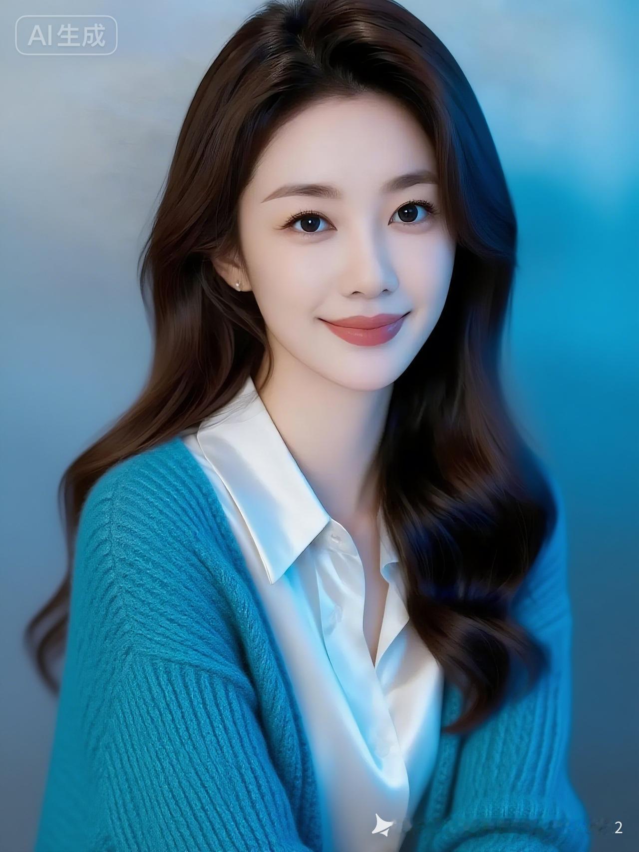 她身着白色衬衫，外搭湖蓝色针织毛衣，微卷长发轻拂。脸上洋溢微笑，端庄大方。