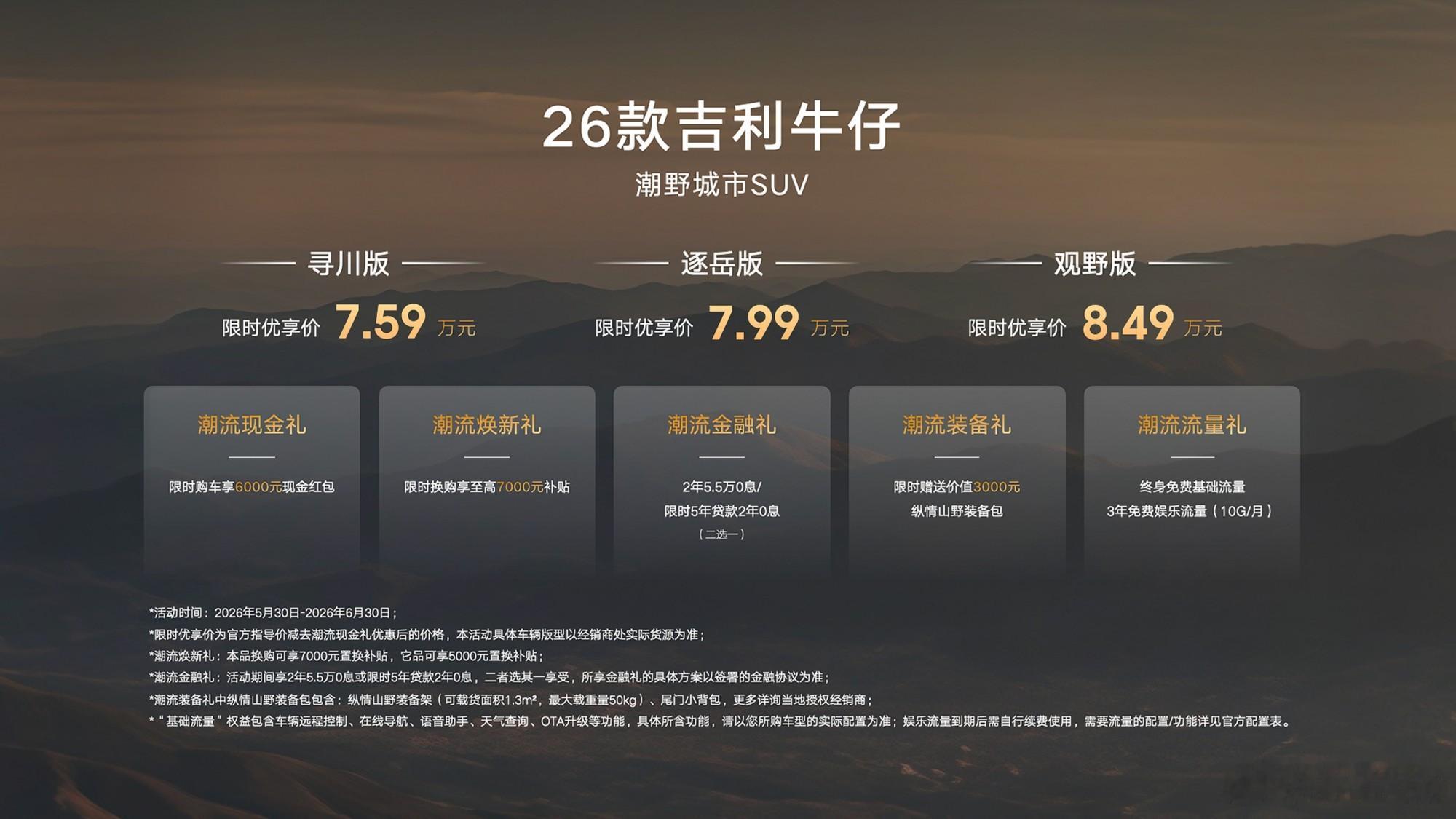 2026 款吉利牛仔正式上市，限时优享价7.59起，三款车型可选。全新“武士黑”