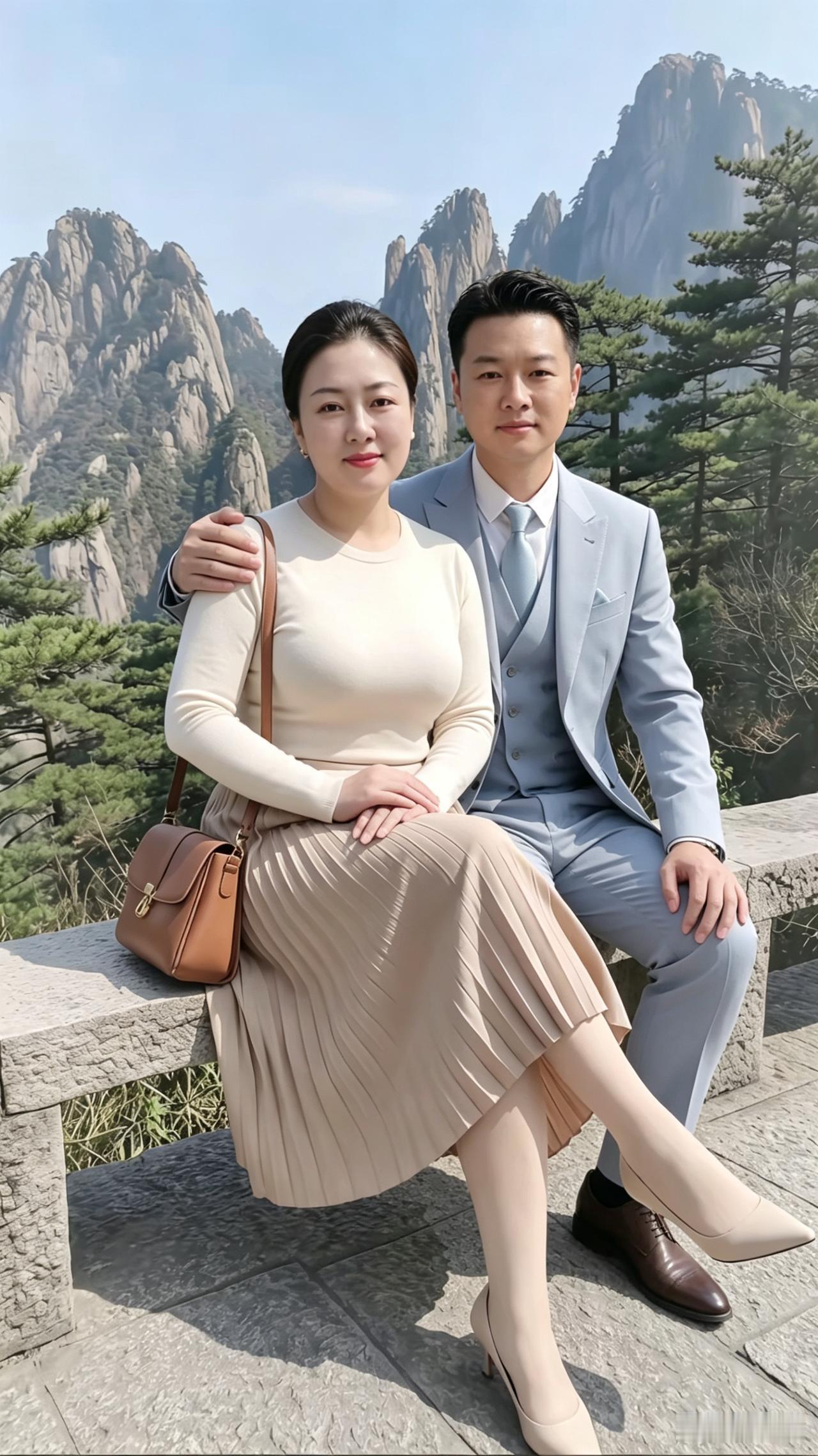 黄山恩爱影像
黄山奇峰直插云霄
夫妻同游喜上眉梢
佳人娴静坐于石凳
俊郎轻揽柔肩