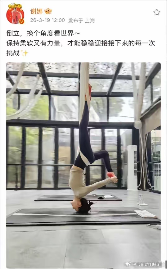 谢娜用一个高难度的倒立姿势，晒出了十年如一日的自律，与其陷在别人的道歉和争议里没
