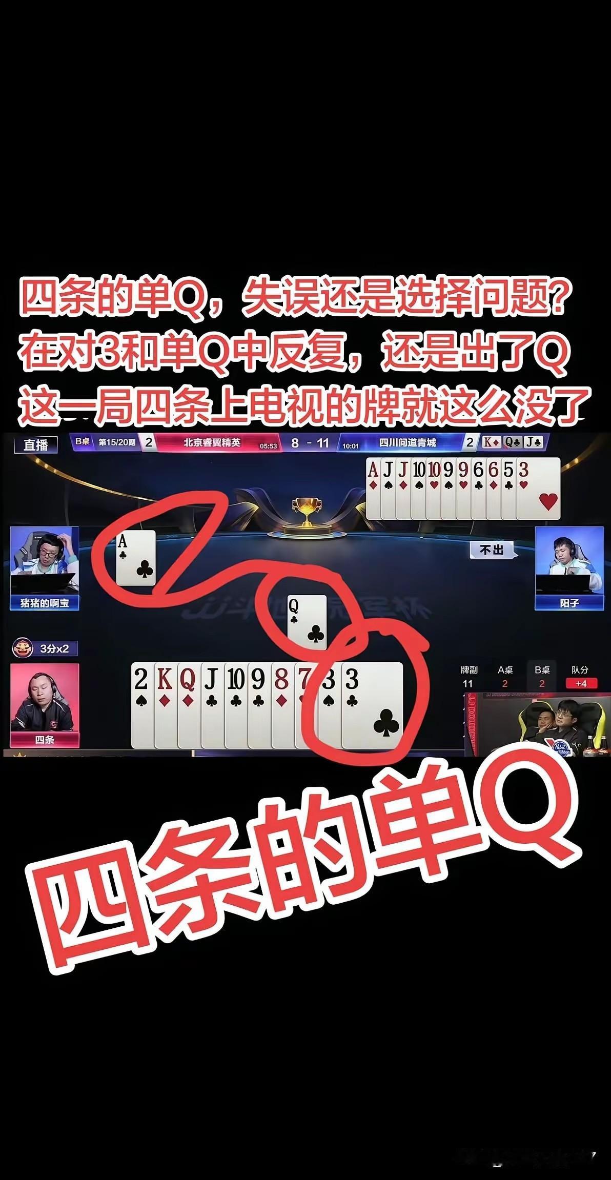 四条啊四条，上电视的大好机会就这么错失了！下场复盘时，估计得扇脸。
JJS8，北