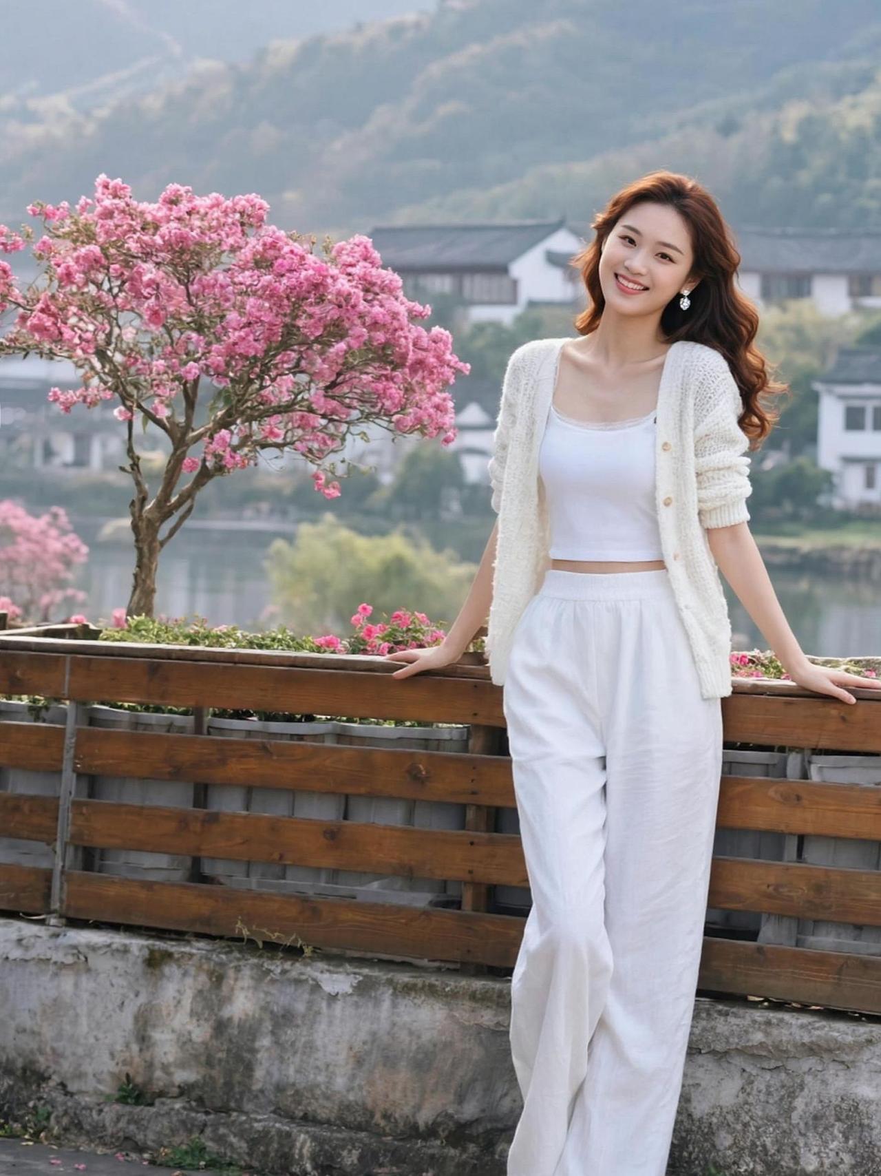 在春日的暖阳下，白色穿搭与粉色花朵相得益彰，仿佛是大自然调色盘上的完美配色。背景