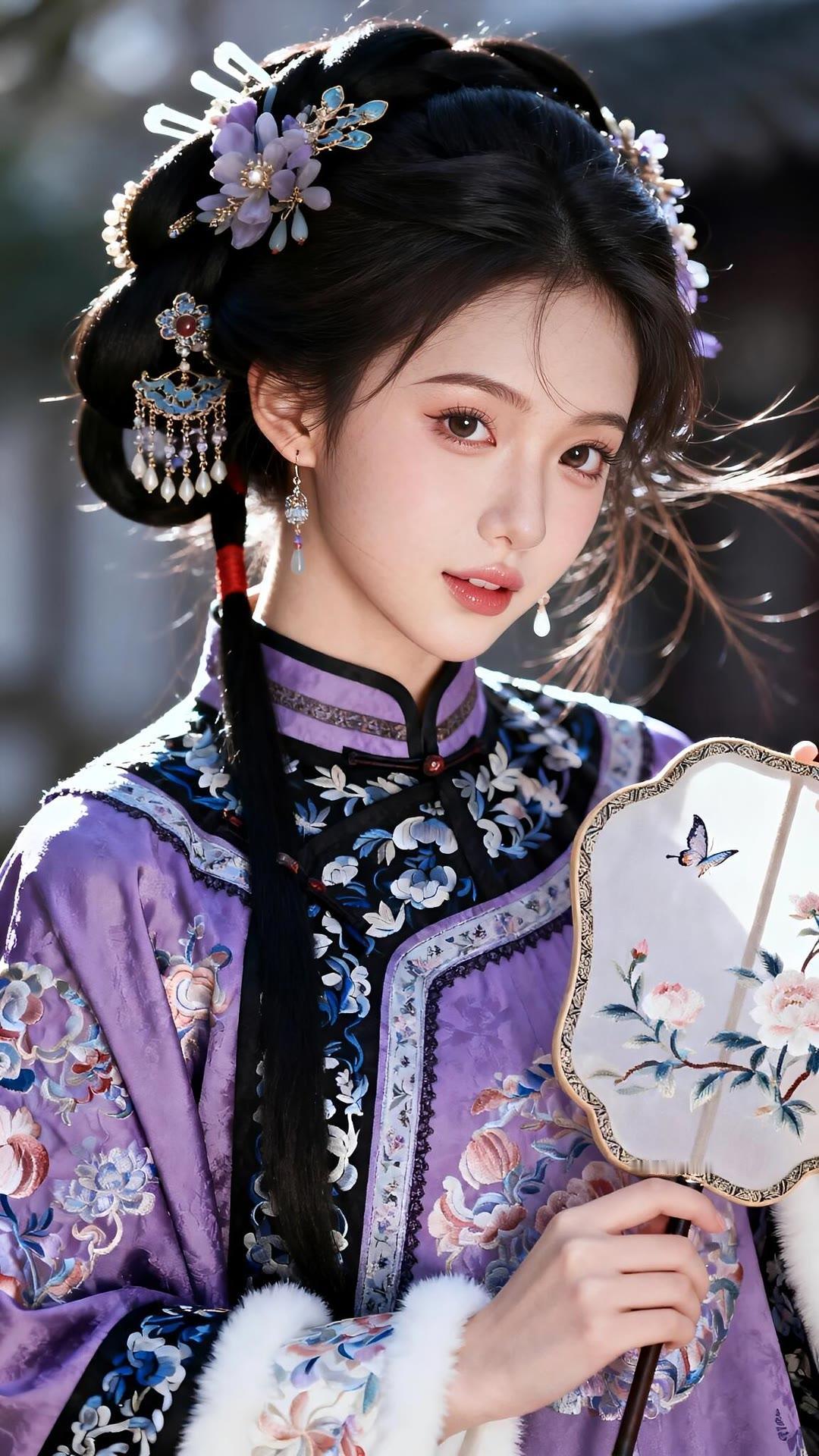 古典美人，花钿妆扮，手持团扇，韵味十足。