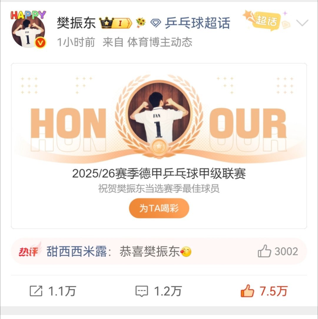 TTBL称赞樊振东强大的国际号召力樊振东获德甲赛季最佳球员 2026年6月10日