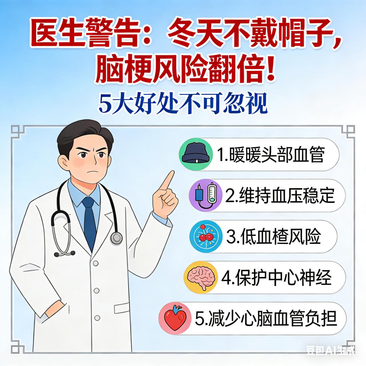 医生警告：冬天不戴帽子，脑梗风险翻倍！5 大好处不可忽视
为了让这篇文案具备**