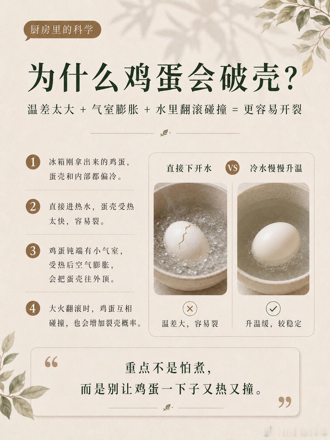 鸡蛋一煮就裂，原来它也怕突然的热情。我以前煮鸡蛋，经常煮着煮着就听见“咔”一声。