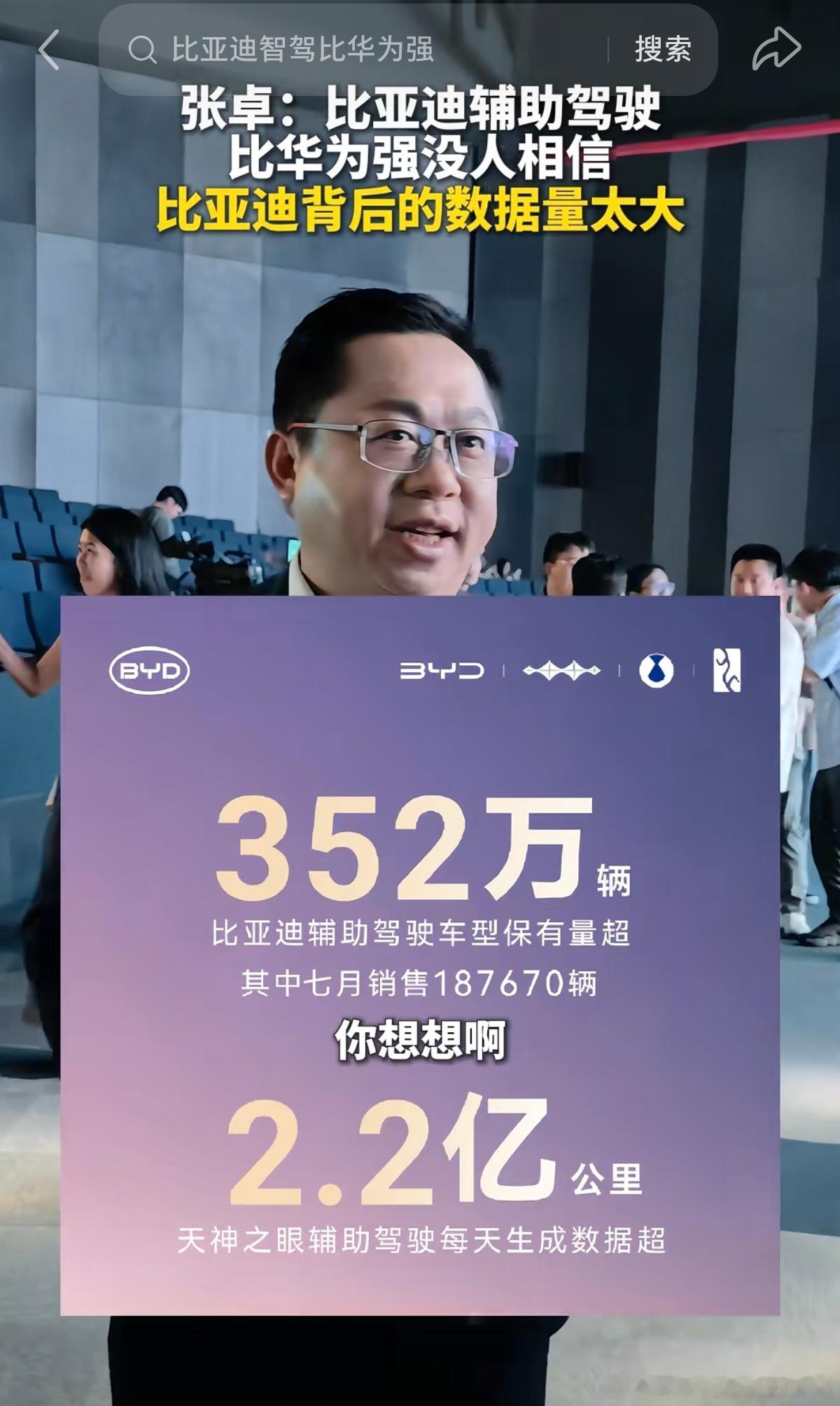 比亚迪 张卓：比亚迪驾驶辅助比华为强没人相信。 