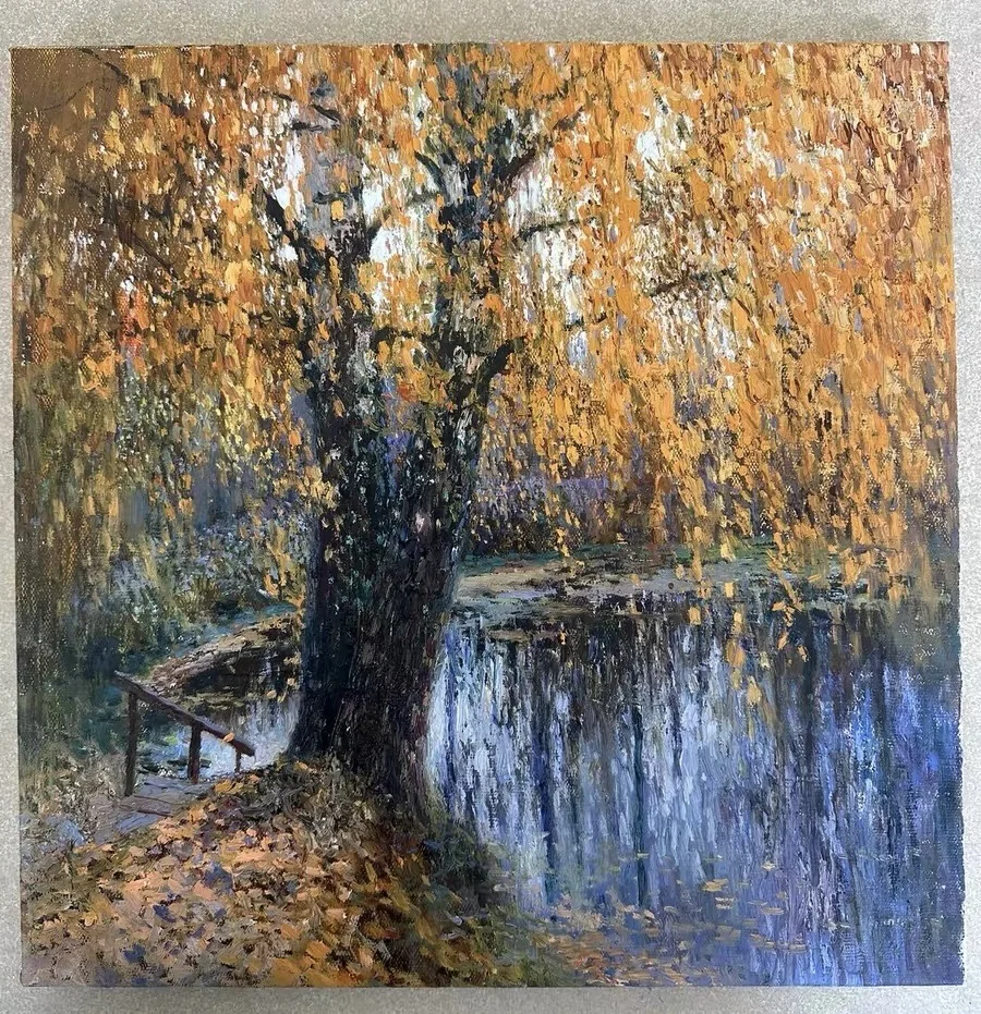 俄罗斯油画 伊利亚大师的作品 湖边秋色 内画尺寸50/50框后63/6...