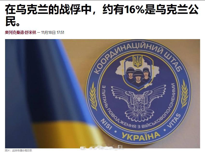 乌克兰军方的战俘管理部门报告称，目前乌军关押的俄军战俘中有16%是乌克兰官方定义