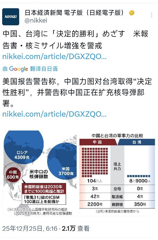 日经新闻今天（12月25日）报道：“美国报告警告称，中国力图对台湾取得‘决定性胜