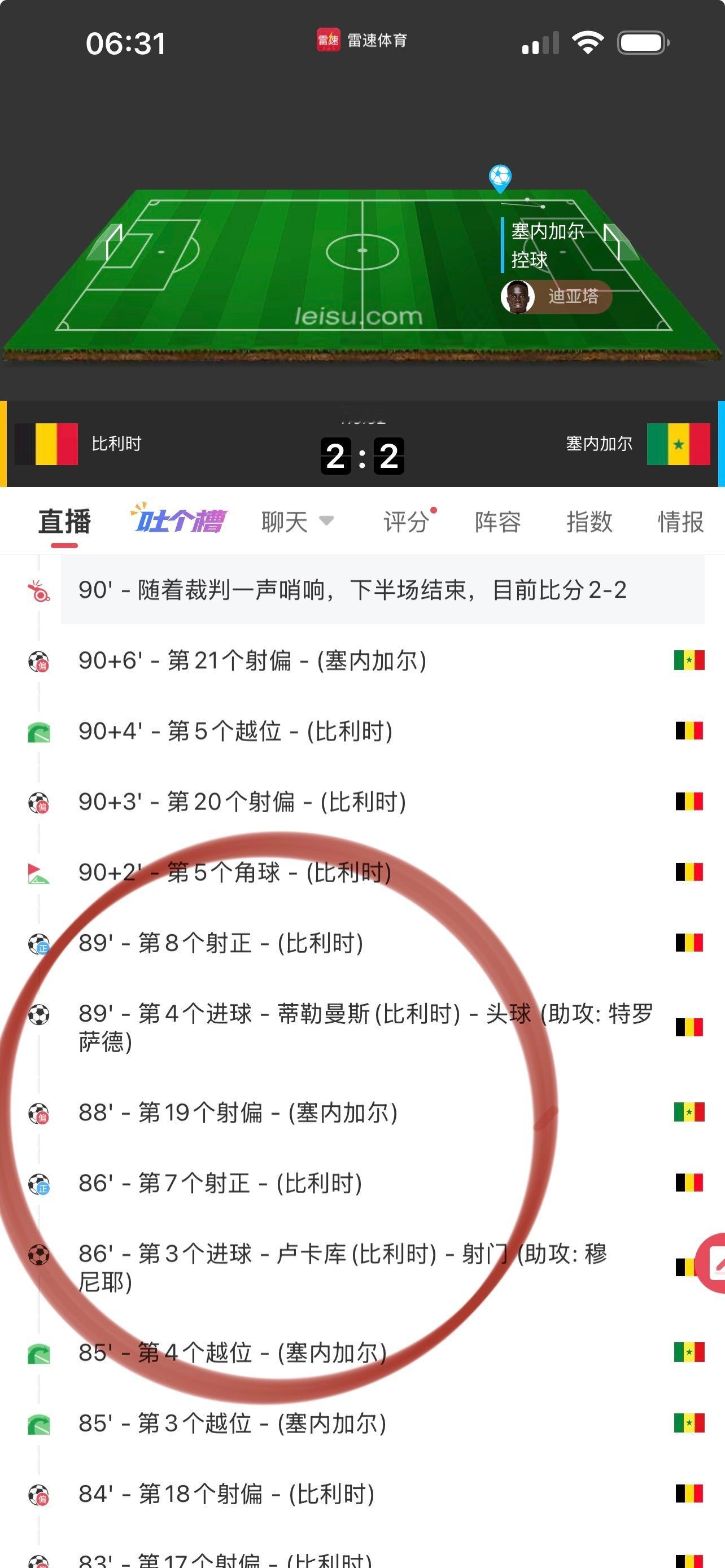 比利时扳平为什么单挑比分2-2？因为还债分析写了人情债，相当于塞内加尔送你2球，
