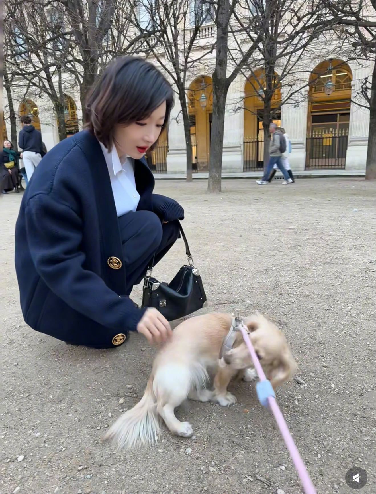 周冬雨在时装周偶遇小狗 果然，就连周冬雨也无法抵挡小狗的“诱惑”，上一秒偶遇小狗