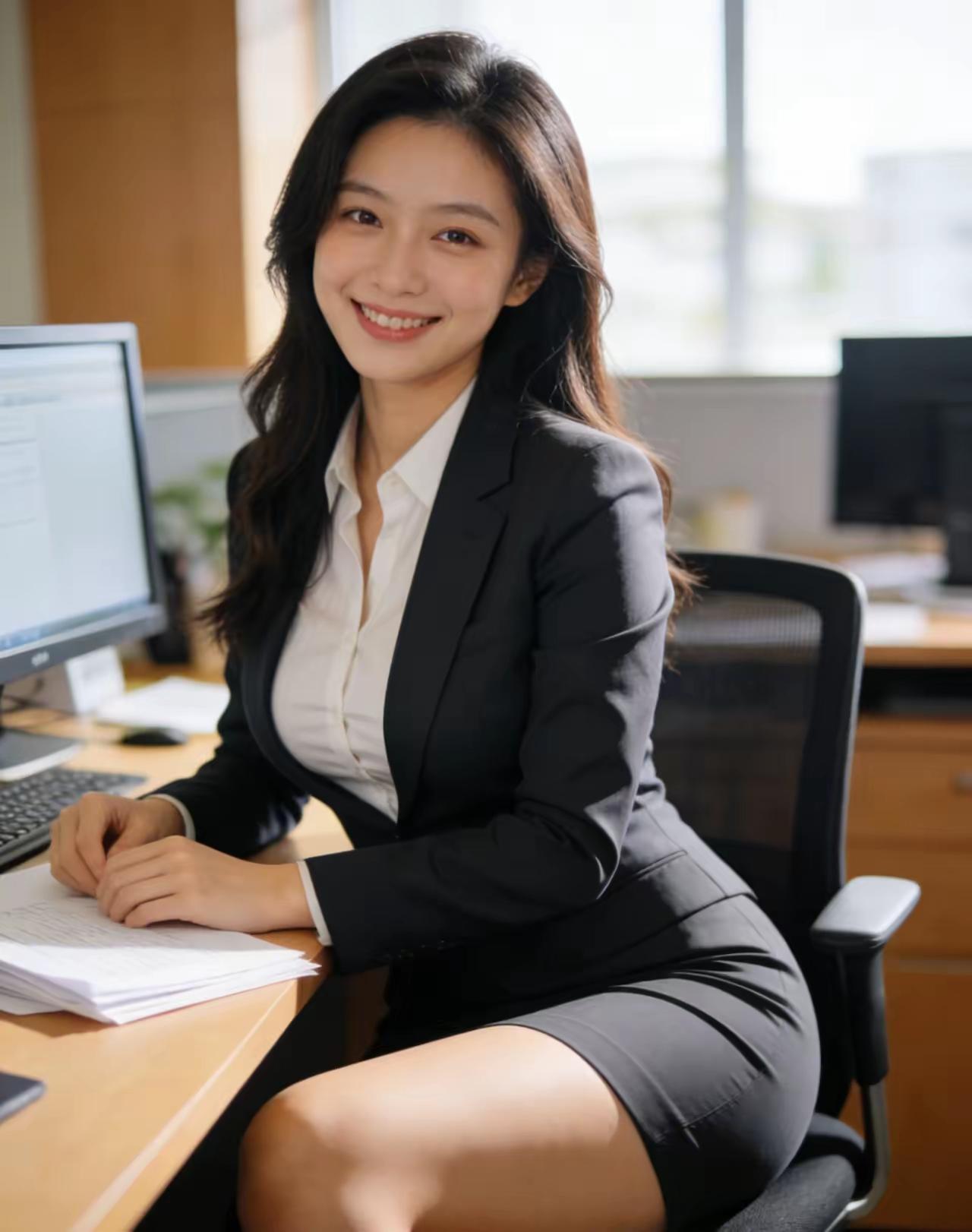 职场女性，自信微笑，办公桌前，专业干练。