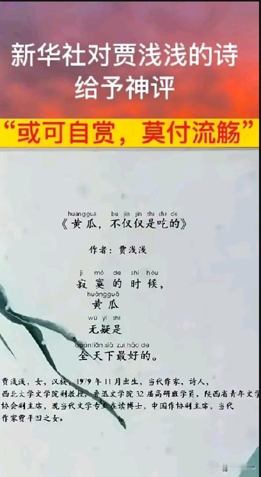 新华社锐评贾浅浅的诗  “或可自赏，莫付流觞”。
网友点评  “贾浅浅能惊动新华