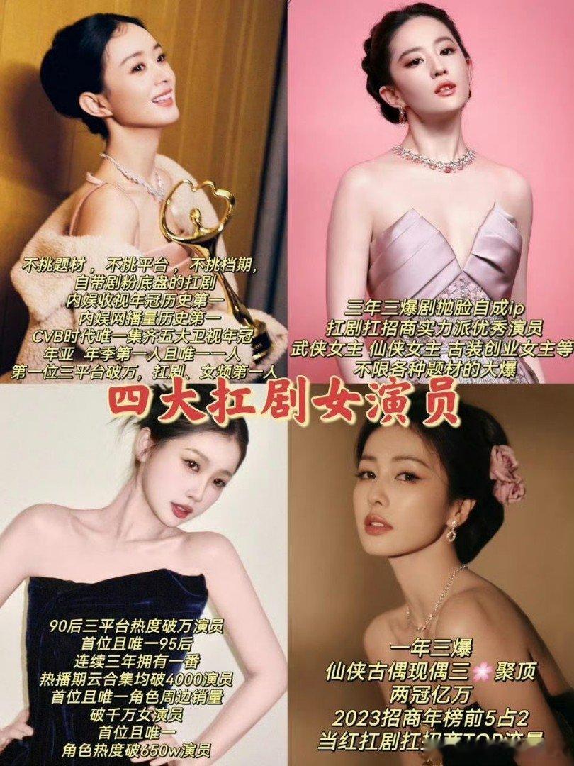 网友评选出的四大扛剧女演员🈶 ，你认同吗？赵丽颖、刘亦菲、虞书欣、白鹿 