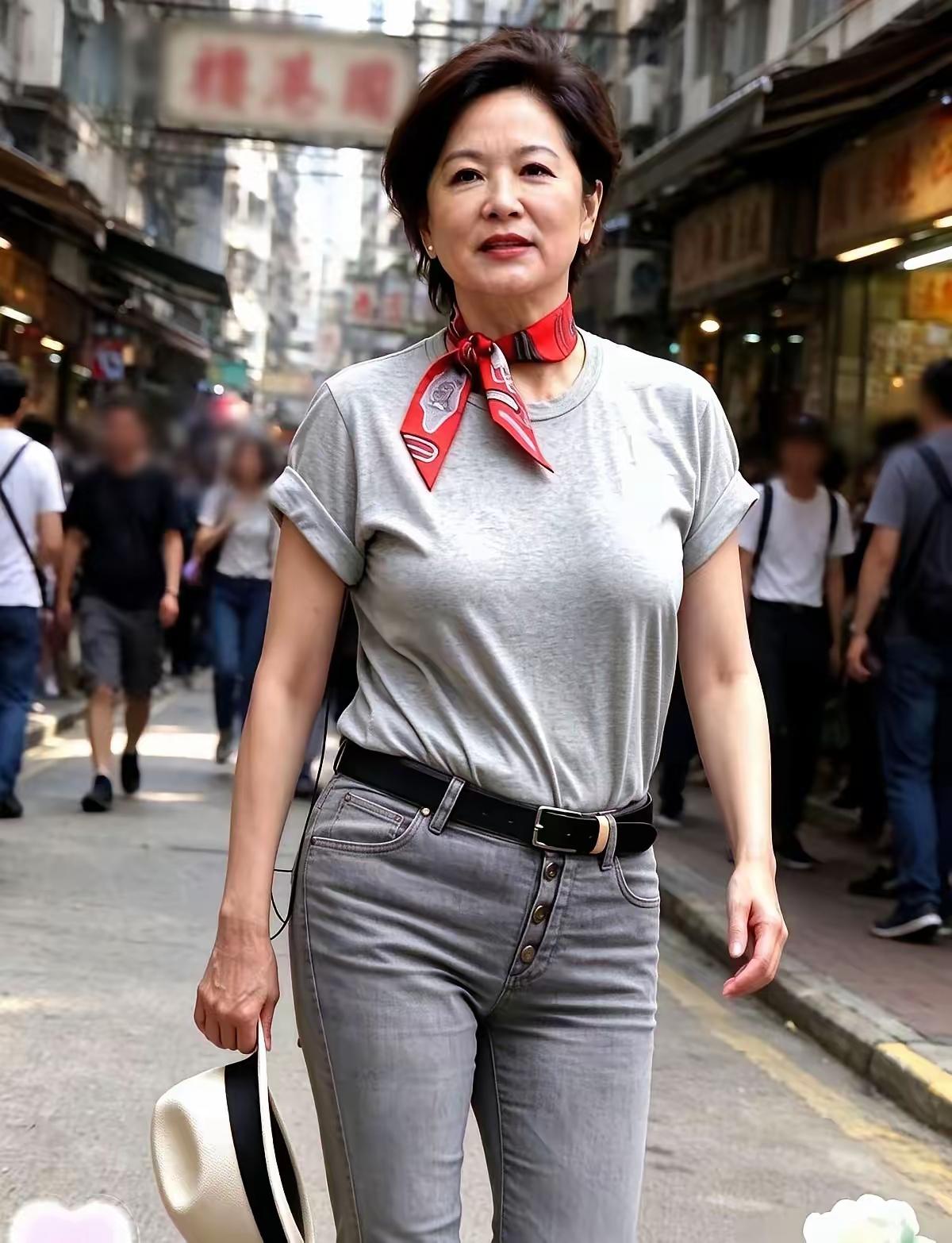 岁月从不败美人！林青霞漫步香港老街，简单的灰色T恤搭配牛仔裤，一条红丝巾点亮全身