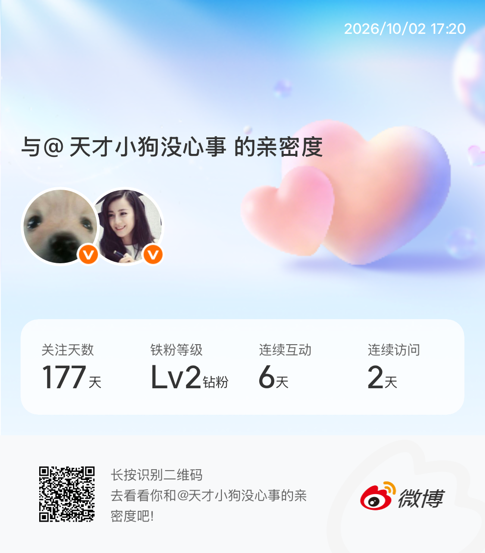 快来看看我与的亲密度！ 微博亲密度与天才小狗没心事的亲密度 ​​​