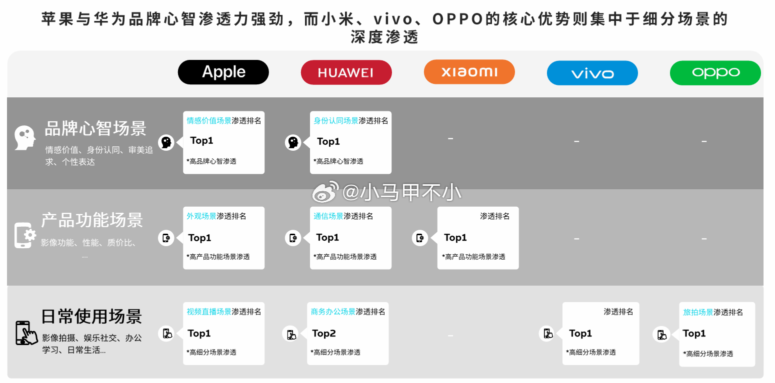 苹果与华为品牌心智渗透力强劲，而小米、vivo、OPPO的核心优势则集中于细分场
