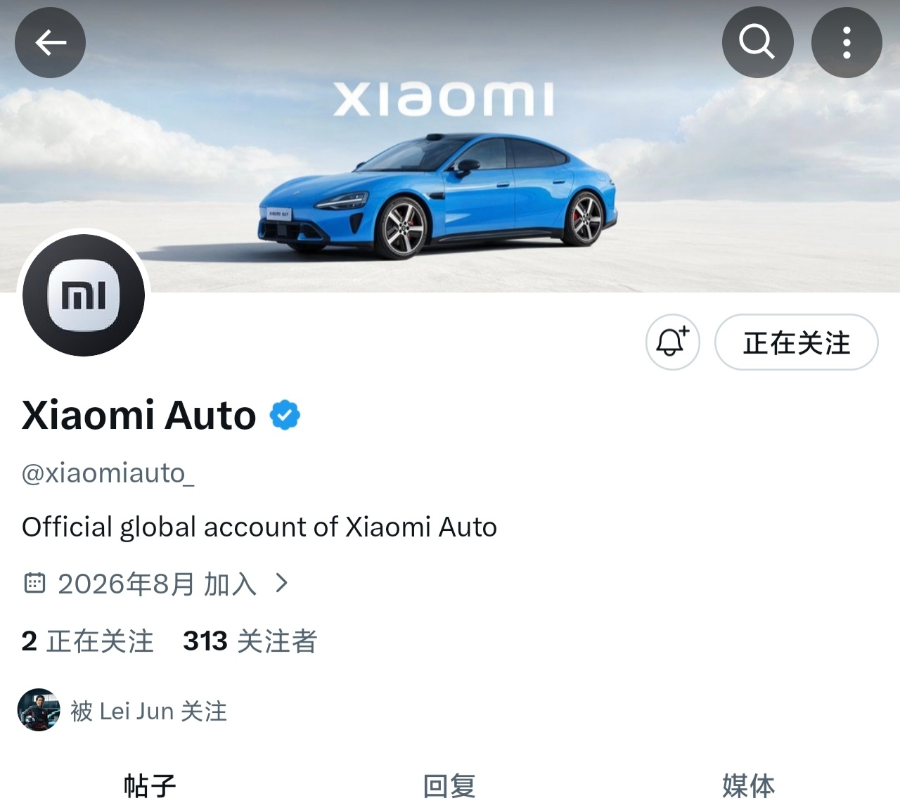 小米汽车出海之路开启，海外X账号刚上线，已经有300多个粉丝，雷总有49.5万粉