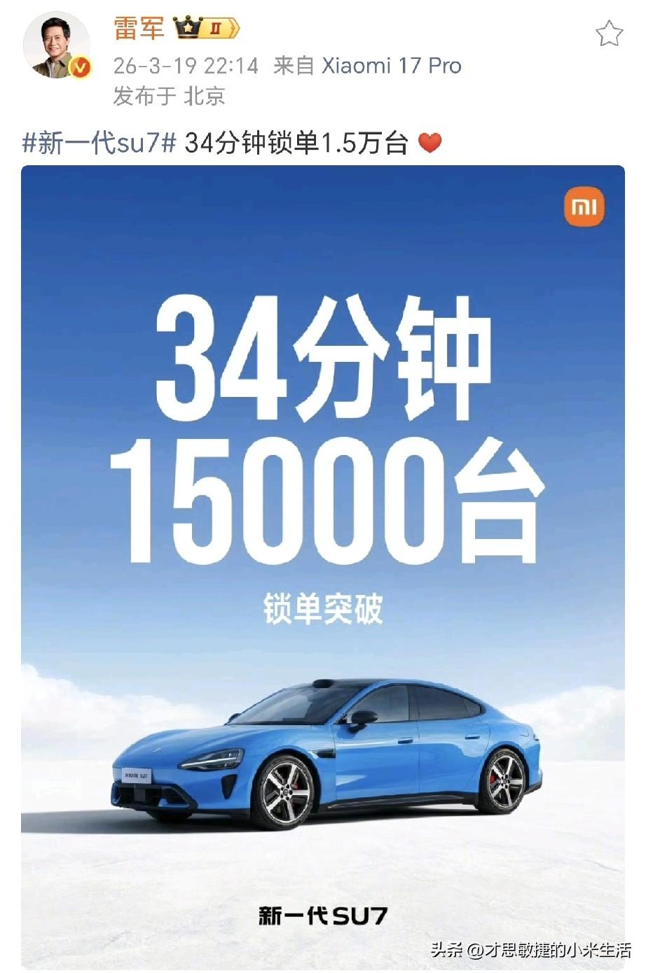 新一代su7  34分钟锁单1.5万台 ！
小米YU7  3分钟，大定突破20万