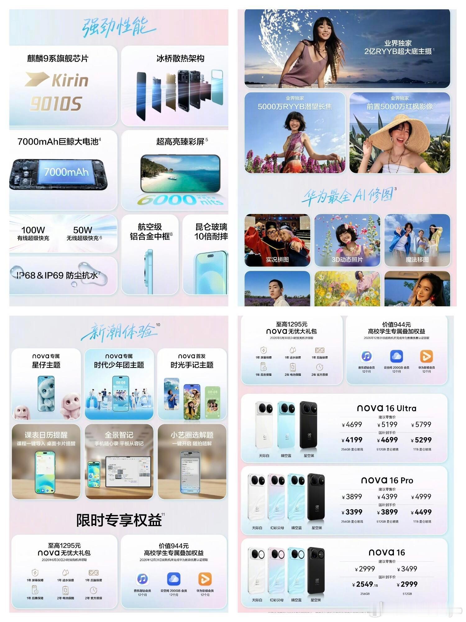 华为nova16价格这次华为Nova16一共带来四款产品，其中一款主打线上，其它