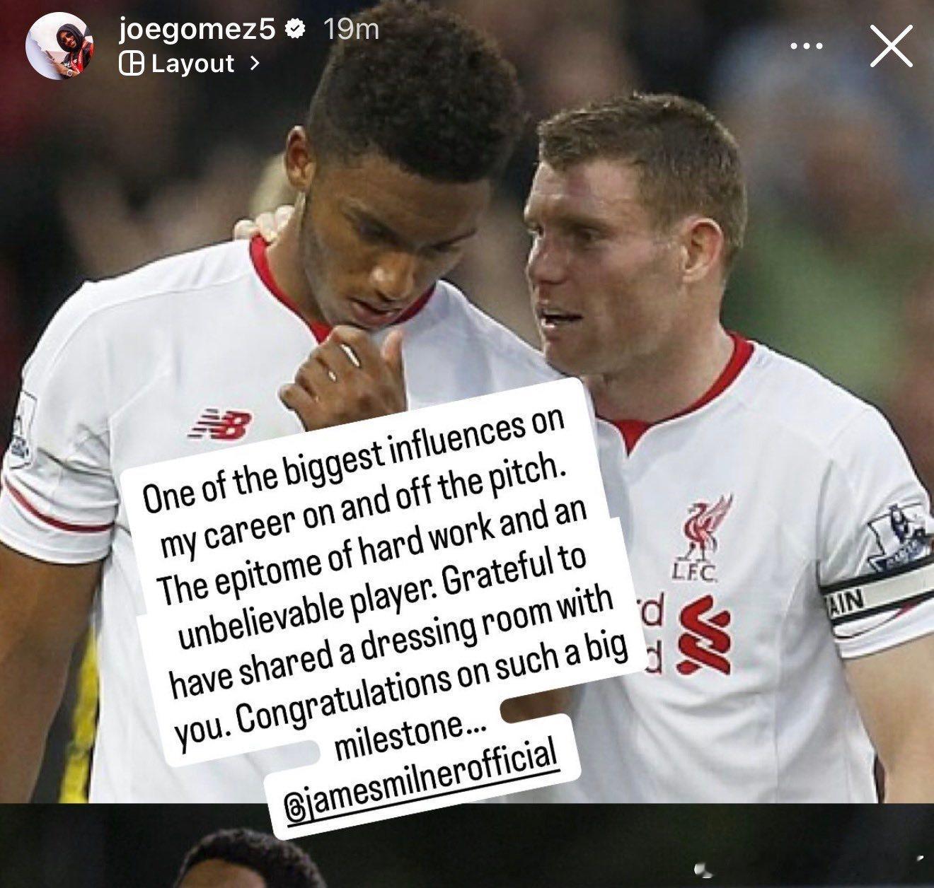 戈麦斯关于米尔纳纪录：我生涯中在球场内外影响最大的人之一。真正努力工作的典范，也