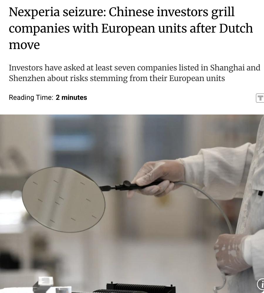 外媒：荷兰政府接管了中国公司闻泰科技旗下的半导体公司安世（Nexperia）的管