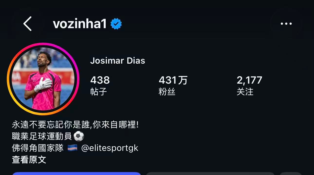【佛得角门将社媒粉丝达431万】6月16日凌晨，世界杯小组赛第一轮，佛得角爆冷0