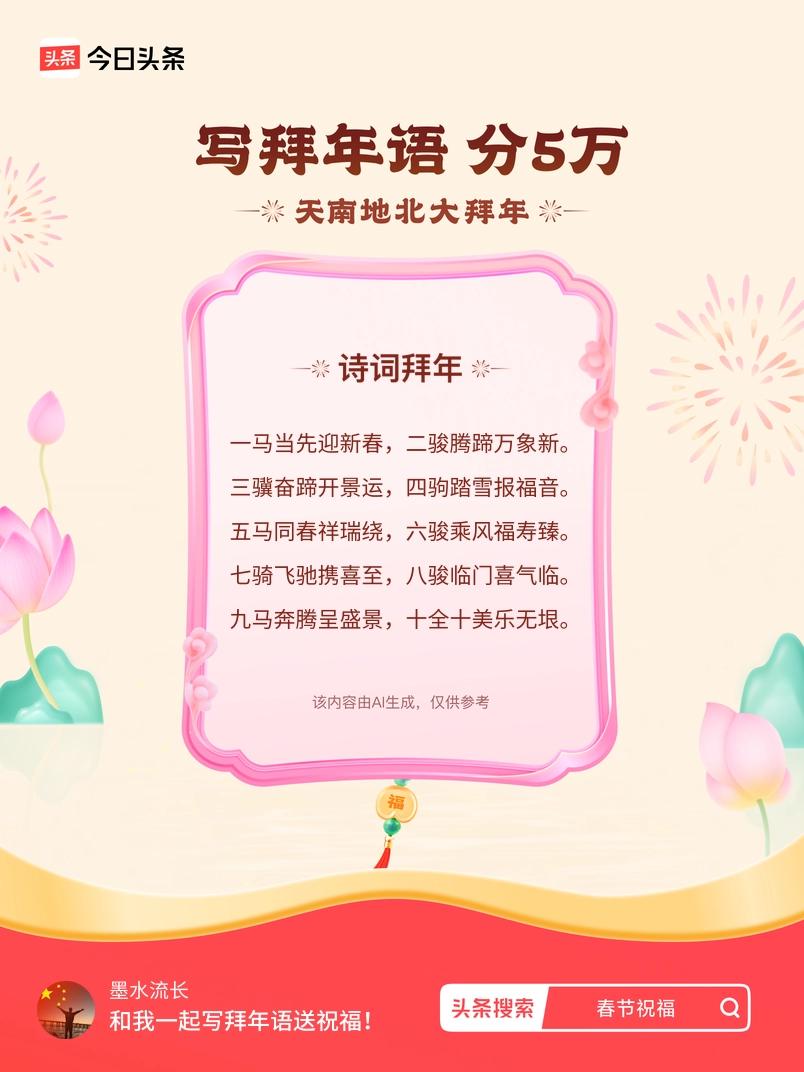 写拜年语送祝福新春拜年送祝福！我的祝福是：“一马当先迎新春，二骏腾蹄万象新。三骥