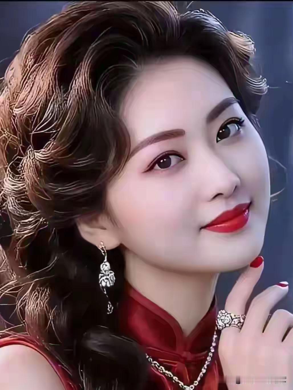 优雅红衣美人，复古卷发与珠宝配饰的完美结合，尽显东方古典美。