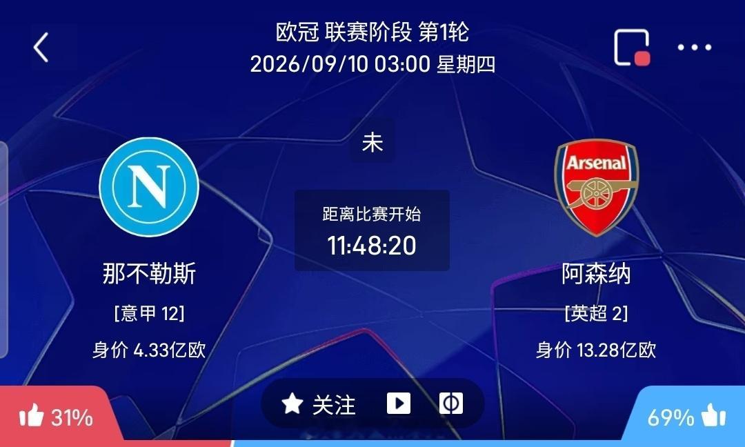 【足球】周三007欧冠方向：那不勒斯vs阿森纳欧冠 那不勒斯 VS 阿森纳比赛时
