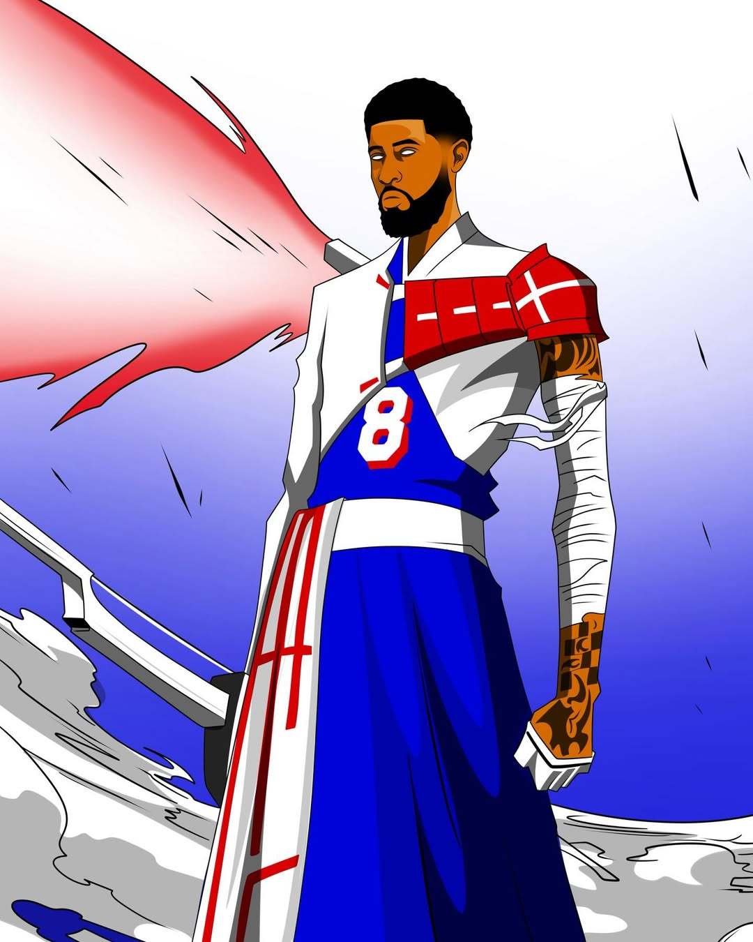 国外画师制作！分享一张保罗·乔治的漫画风艺术酷图～费城76人NBA点赞成金Pau